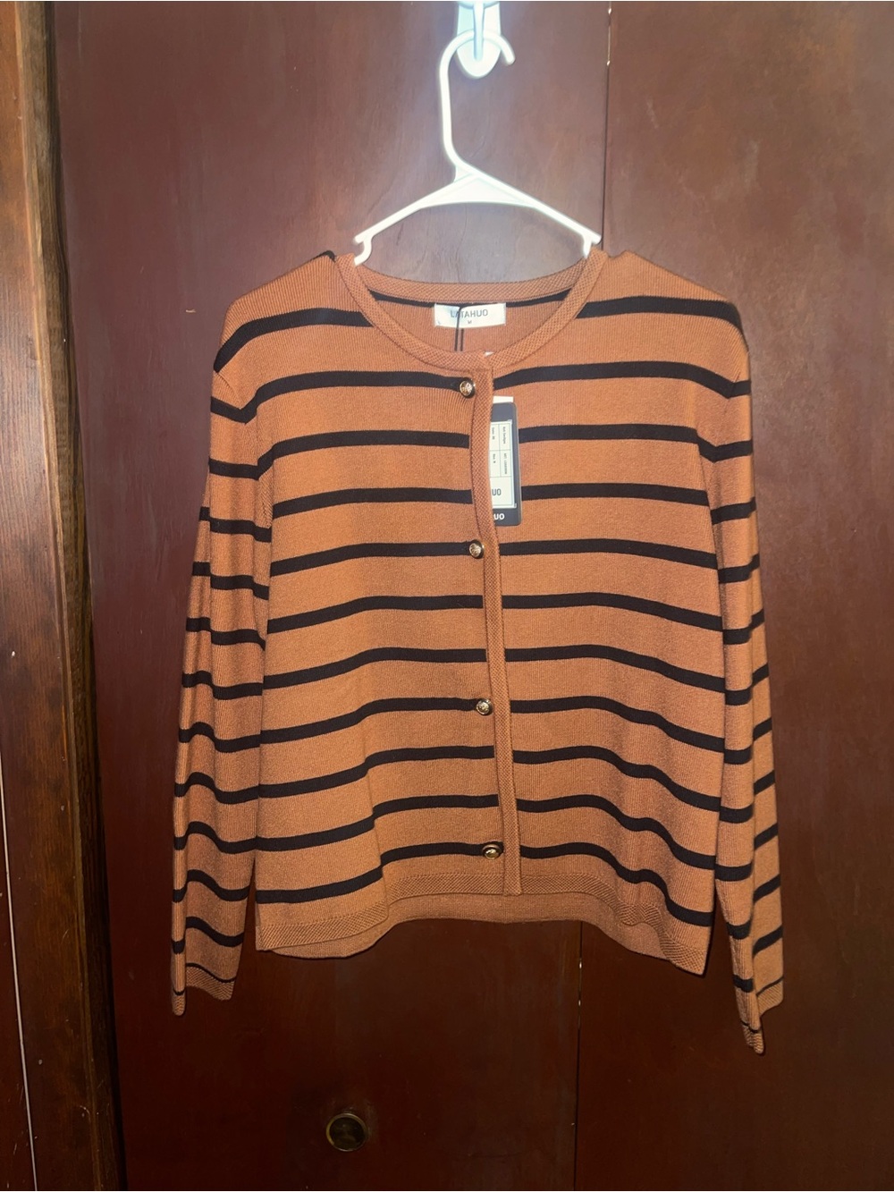 Striped Crewneck Cardigan in Rust with Black Stripes —
